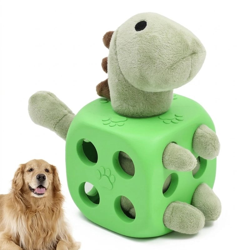 Green dinosaur interactive dog chew toy with plush parts inside a rubber cube