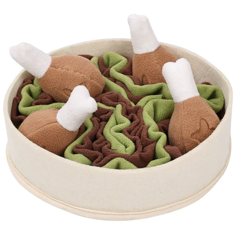 Chicken leg snuffle mat for dogs with plush chicken leg toys