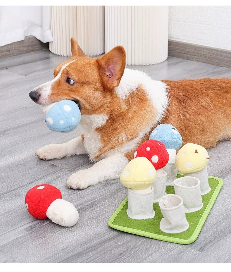 Colourful mushroom snuffle toy for dogs with six removable pieces